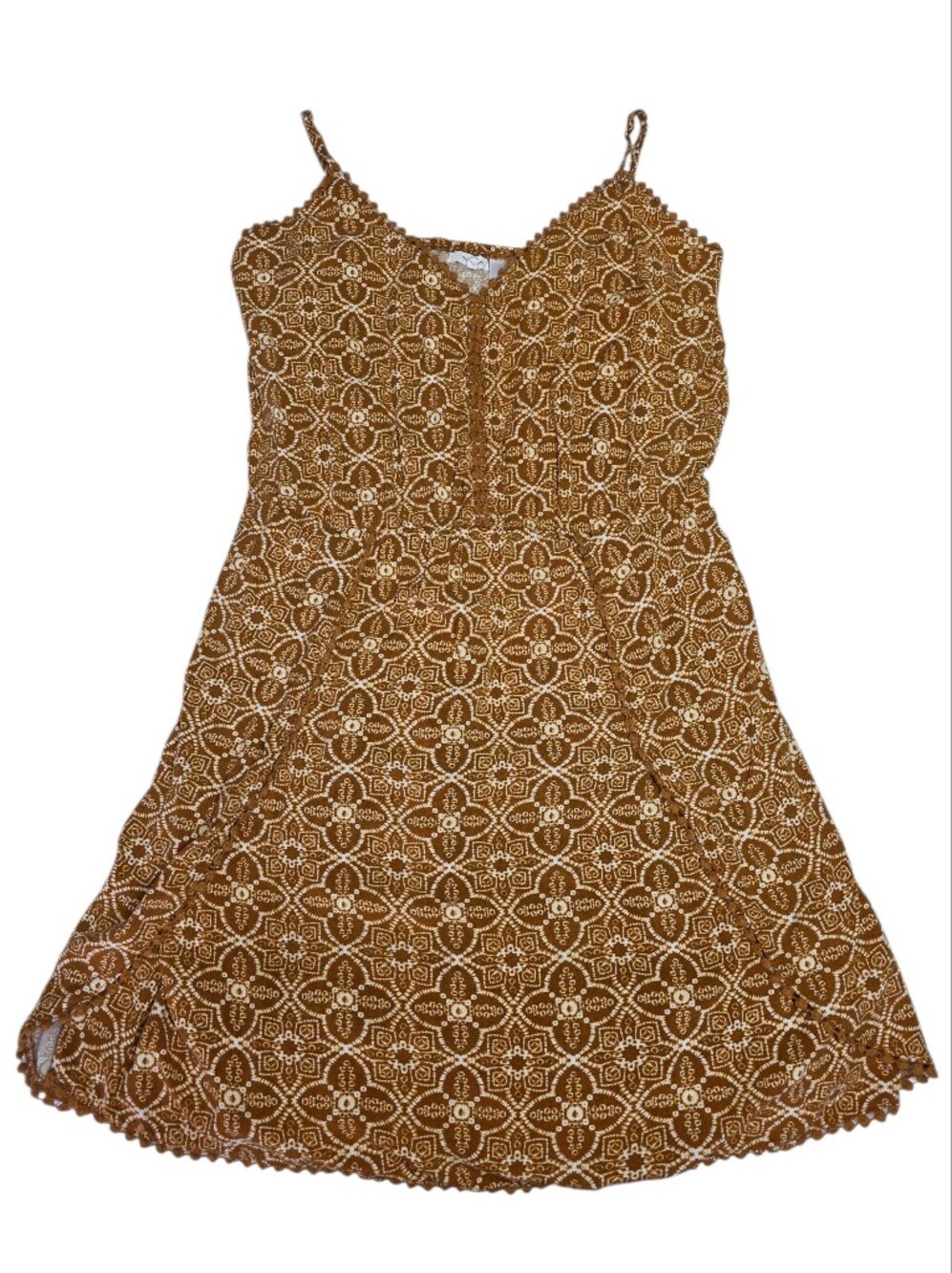 Maurices Brown and Cream Lace Detail Geometric Print Spaghetti Strap Dress